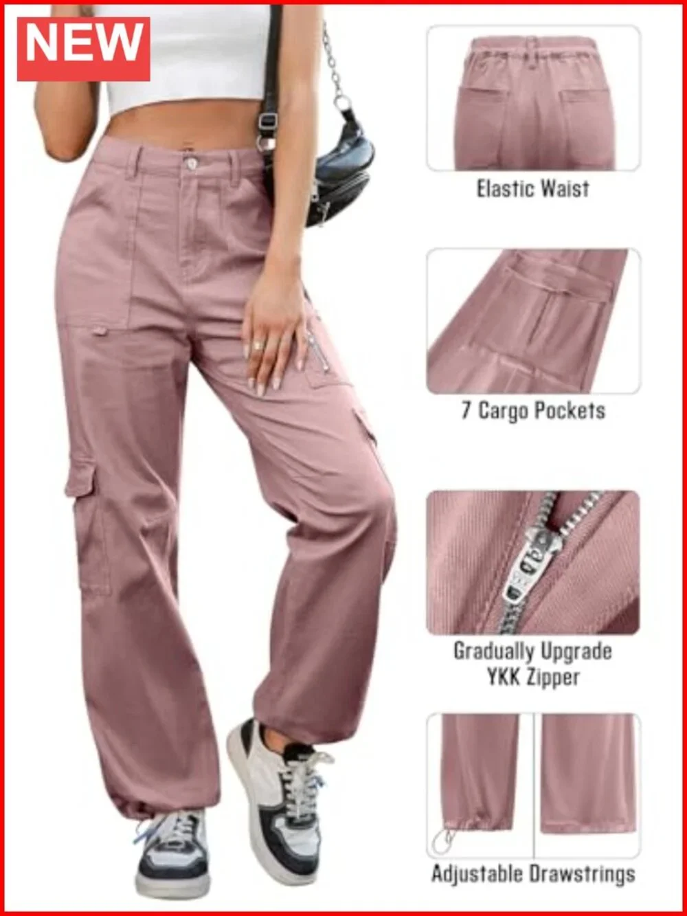 High Waist Wide Leg Cargo Pants with 7 Pockets Stretchy Drawstring
